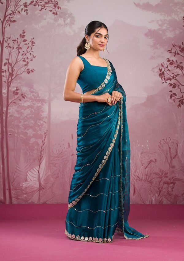 Stunning Peacock Blue Tissue Saree with Exquisite Mirrorwork - Image 5