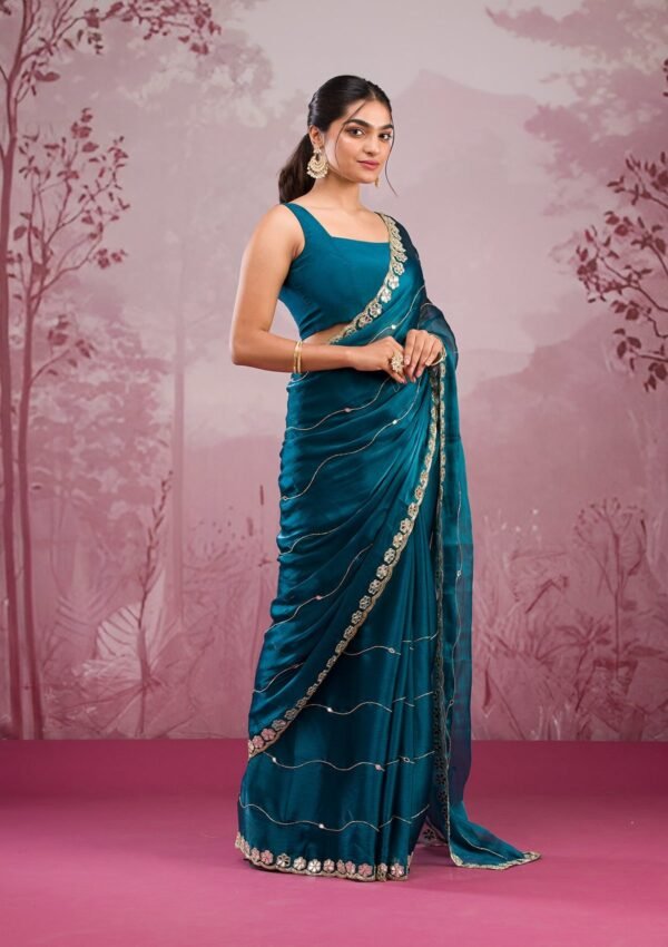 Stunning Peacock Blue Tissue Saree with Elegant Mirrorwork - Image 5