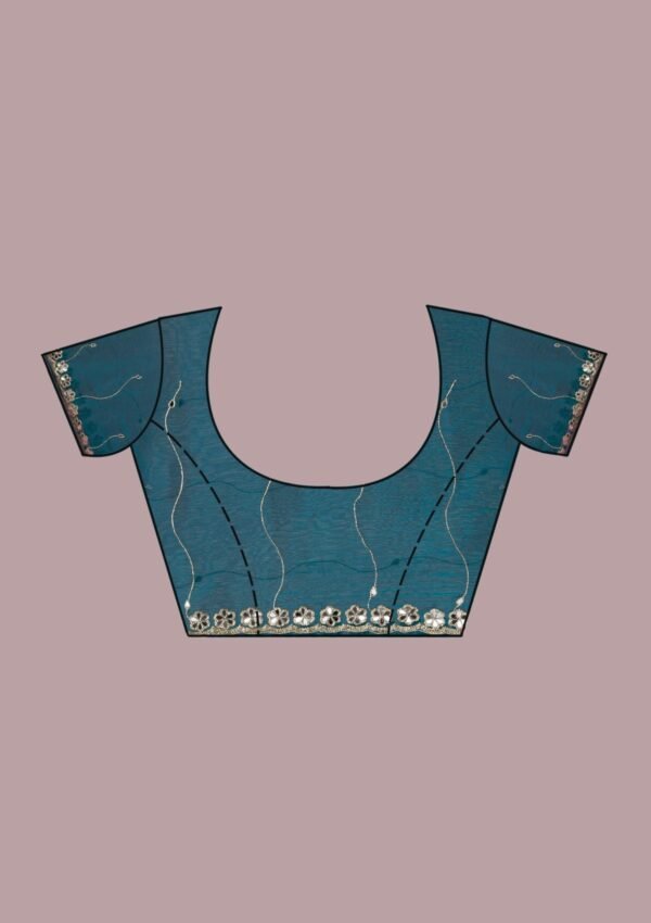 Stunning Peacock Blue Tissue Saree with Elegant Mirrorwork - Image 9