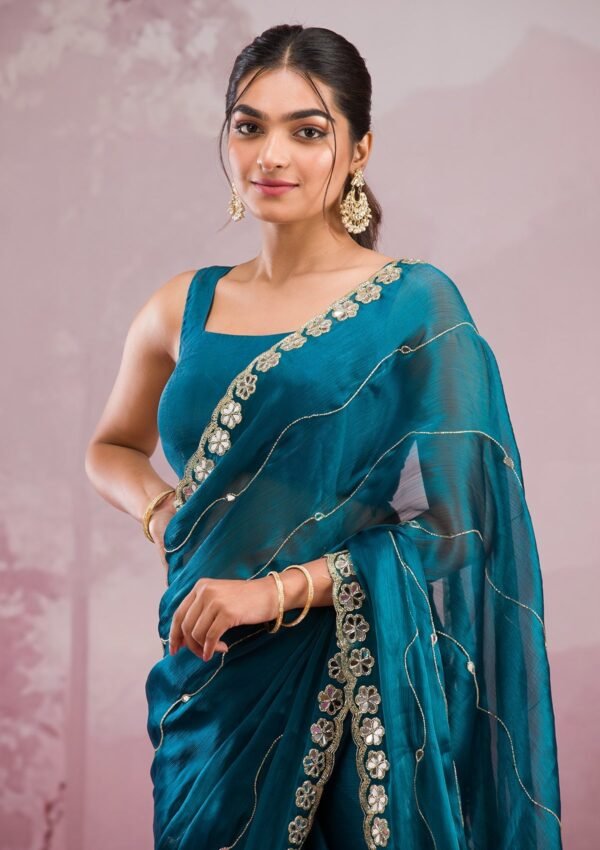 Stunning Peacock Blue Tissue Saree with Elegant Mirrorwork - Image 6