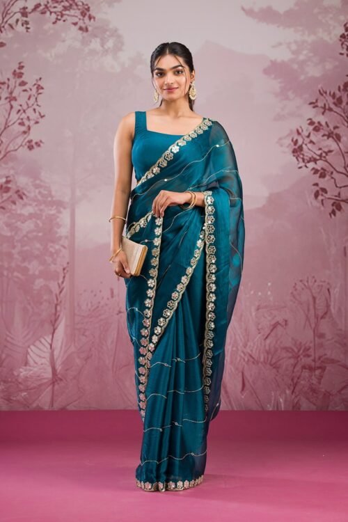 Stunning Peacock Blue Tissue Saree with Exquisite Mirrorwork