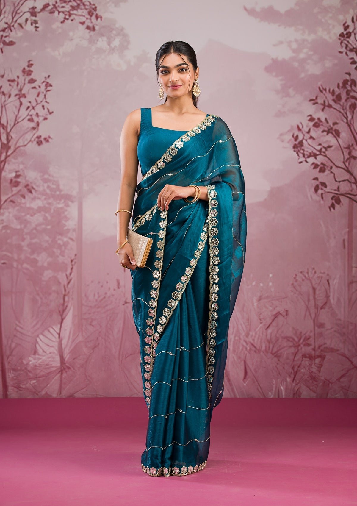 Stunning Peacock Blue Tissue Saree with Exquisite Mirrorwork