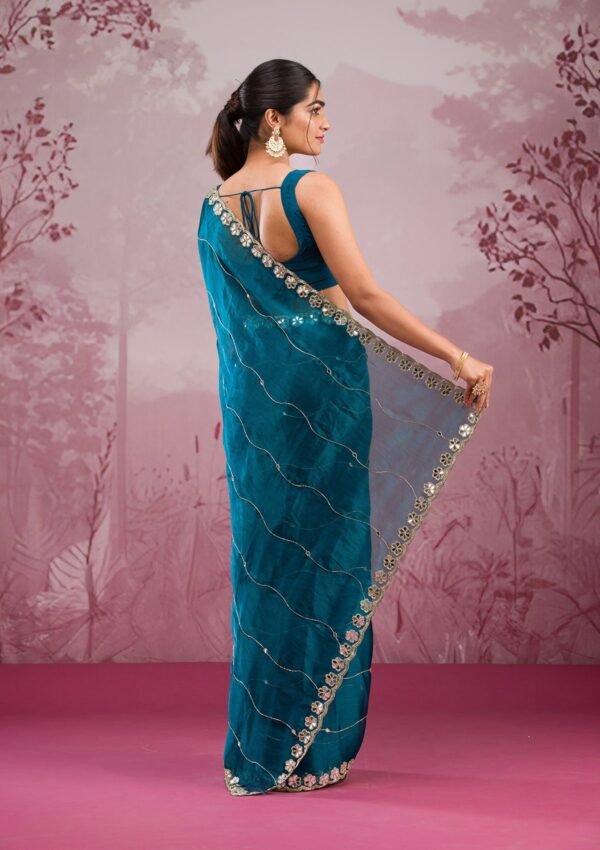 Stunning Peacock Blue Tissue Saree with Elegant Mirrorwork - Image 2