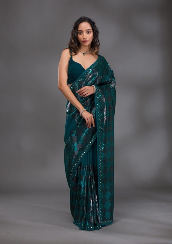 Elegant Peacock Blue Georgette Saree Adorned with Sequins - Image 3