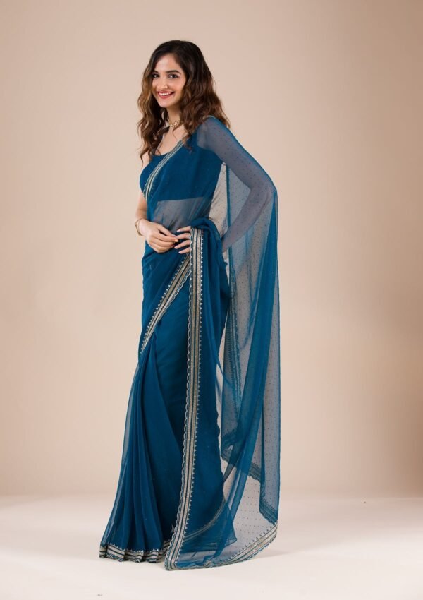 Elegant Peacock Blue Chiffon Saree with Stunning Stonework - Image 4