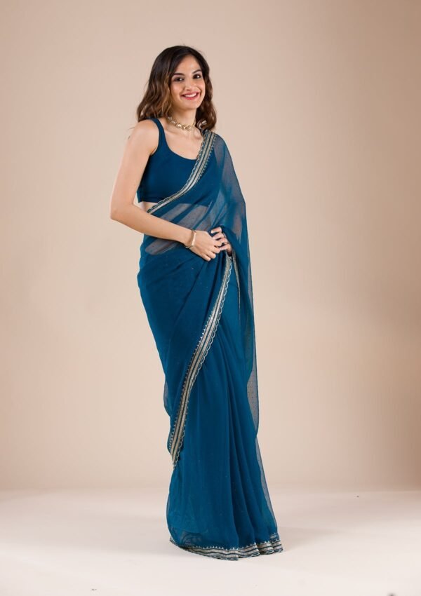 Elegant Peacock Blue Chiffon Saree with Stunning Stonework - Image 5