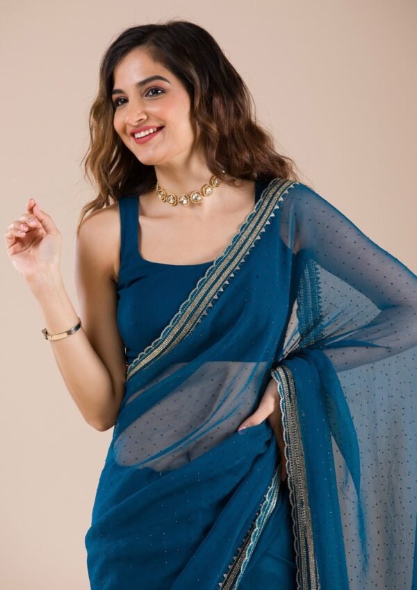 Elegant Peacock Blue Chiffon Saree with Stunning Stonework - Image 6