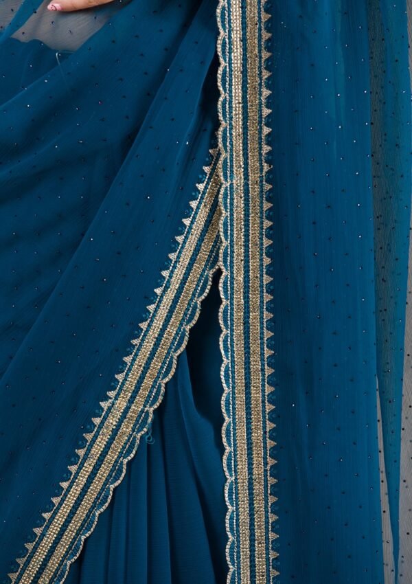 Elegant Peacock Blue Chiffon Saree with Stunning Stonework - Image 8