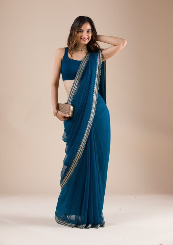 Elegant Peacock Blue Chiffon Saree with Stunning Stonework