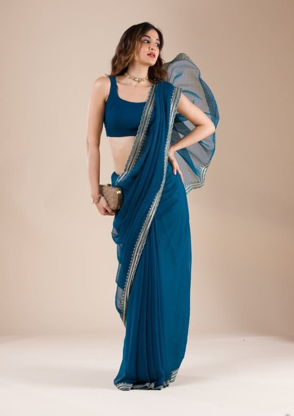 Elegant Peacock Blue Chiffon Saree with Stunning Stonework - Image 7