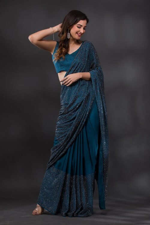 Elegant Peacock Blue Stone-Embellished Crepe Designer Saree