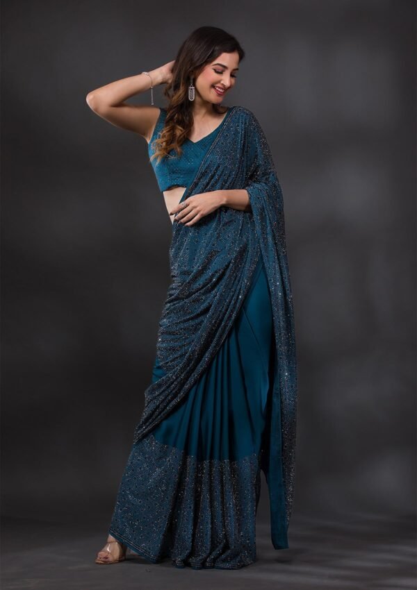 Elegant Peacock Blue Stone-Embellished Crepe Designer Saree