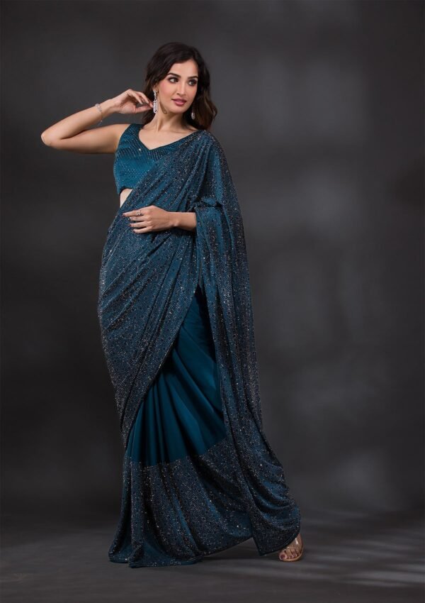 Elegant Peacock Blue Stone-Embellished Crepe Designer Saree - Image 4