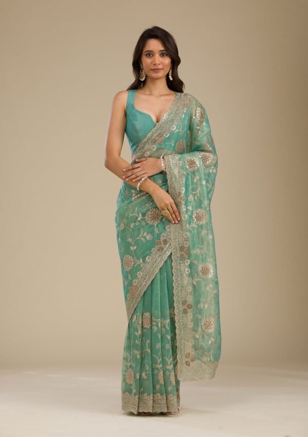 Elegant Sea Green Tissue Saree with Exquisite Zariwork - Image 3