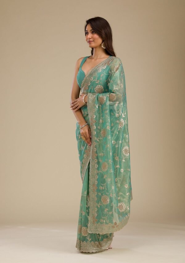 Elegant Sea Green Tissue Saree with Exquisite Zariwork - Image 4