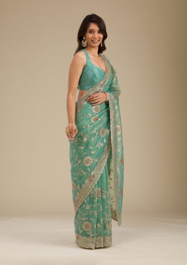 Elegant Sea Green Tissue Saree with Exquisite Zariwork - Image 5