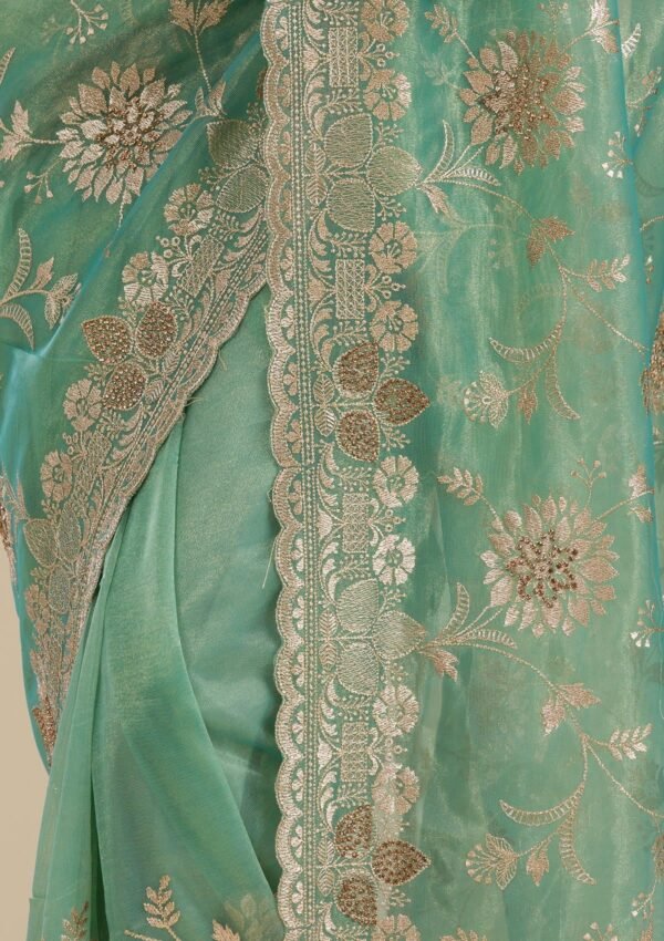 Elegant Sea Green Tissue Saree with Exquisite Zariwork - Image 7