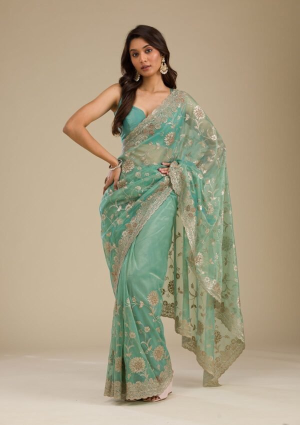 Elegant Sea Green Tissue Saree with Exquisite Zariwork