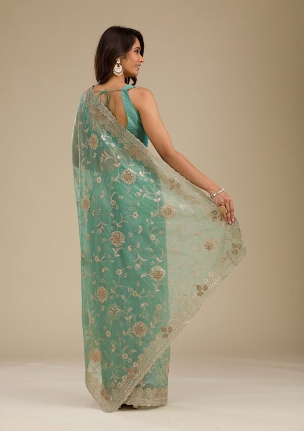 Elegant Sea Green Tissue Saree with Exquisite Zariwork - Image 2