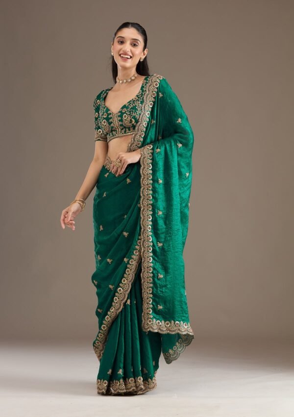 Exquisite Peacock Green Tissue Saree with Elegant Zariwork - Image 4