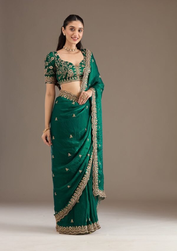 Exquisite Peacock Green Tissue Saree with Elegant Zariwork - Image 6