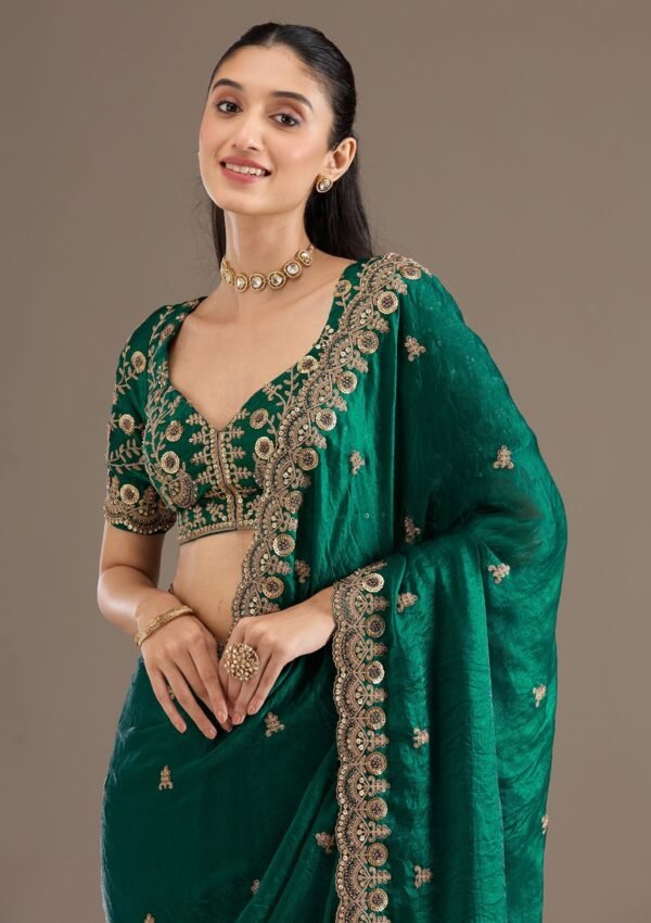 Exquisite Peacock Green Tissue Saree with Elegant Zariwork - Image 3