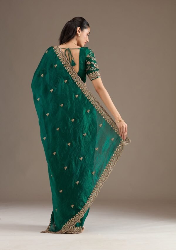 Exquisite Peacock Green Tissue Saree with Elegant Zariwork - Image 2