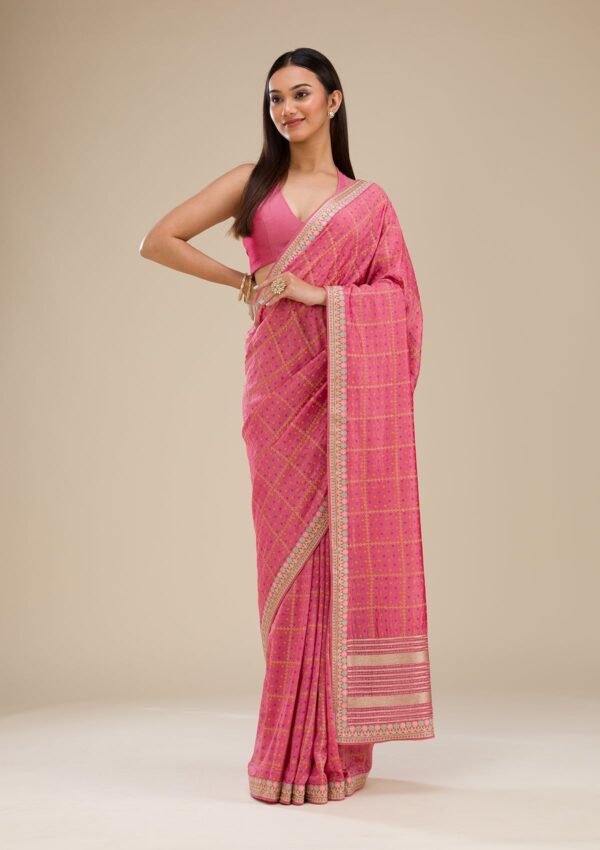 Elegant Pink Silk Saree with Beautiful Prints - Image 3