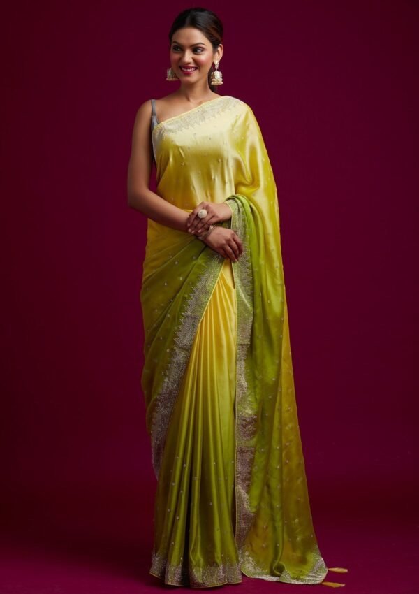 Elegant Pista Green Ombre Semi Crepe Designer Saree - Image 3