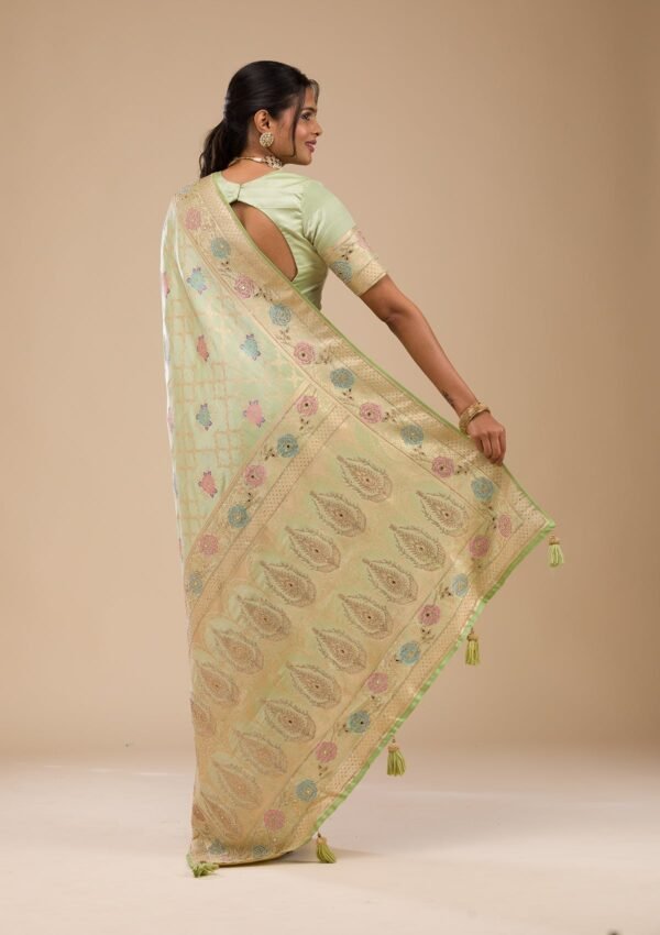 Elegant Pista Green Stonework Soft Silk Saree - Image 2