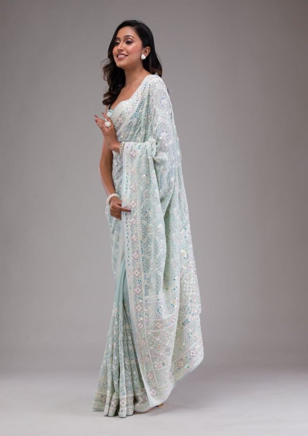 Elegant Sky Blue Georgette Saree with Exquisite Threadwork - Image 3