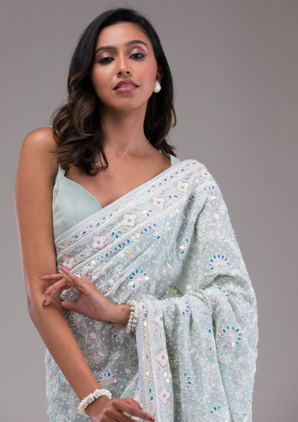 Elegant Sky Blue Georgette Saree with Exquisite Threadwork - Image 6