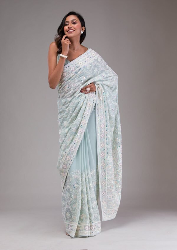 Elegant Sky Blue Georgette Saree with Exquisite Threadwork - Image 4