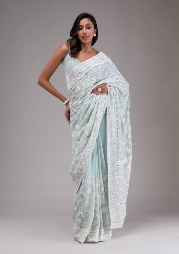 Elegant Sky Blue Georgette Saree with Exquisite Threadwork - Image 5