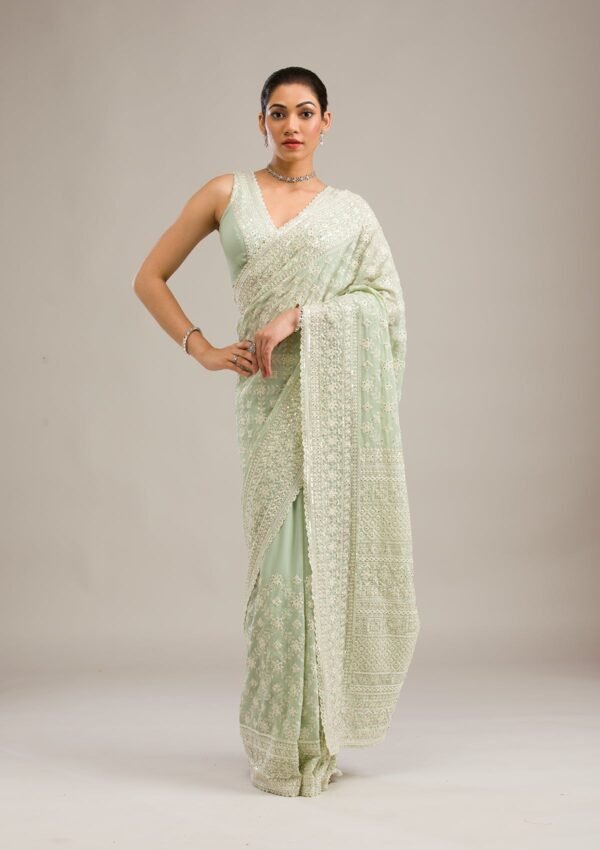 Elegant Pista Green Georgette Saree with Exquisite Threadwork - Image 3