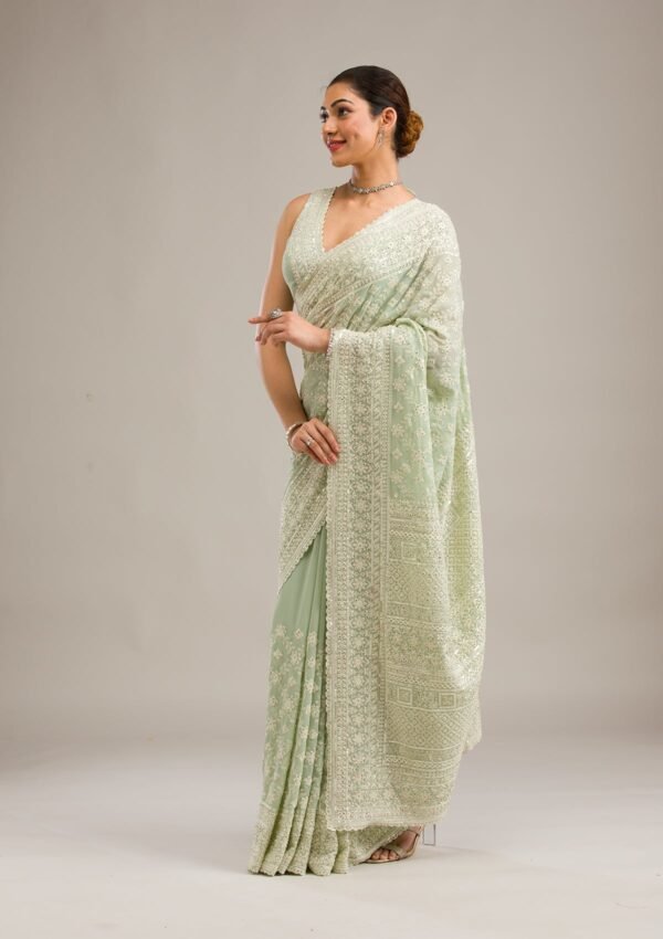 Elegant Pista Green Georgette Saree with Exquisite Threadwork - Image 4