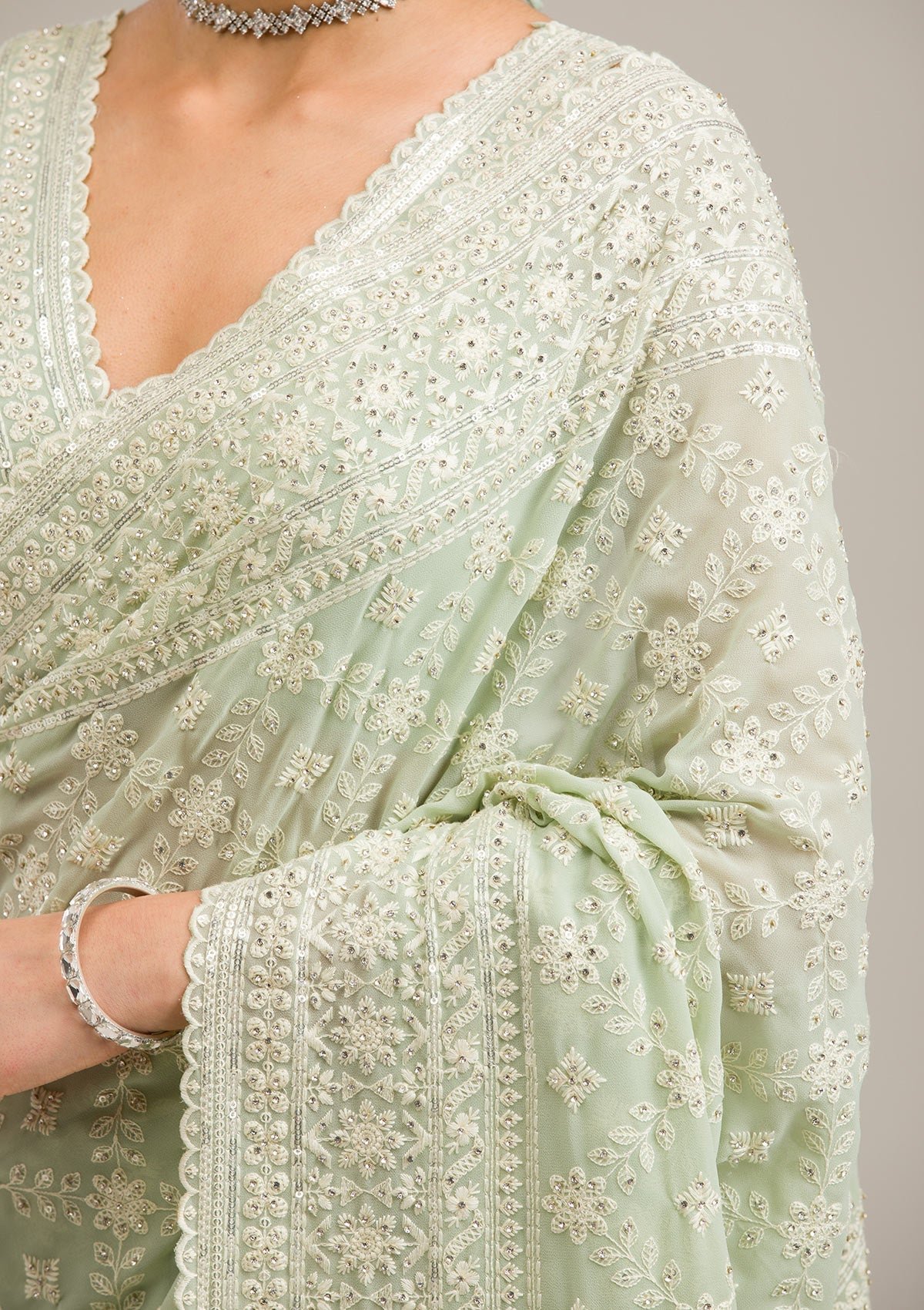 Elegant Pista Green Georgette Saree with Exquisite Threadwork - Image 7