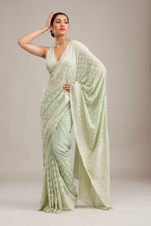Elegant Pista Green Georgette Saree with Exquisite Threadwork