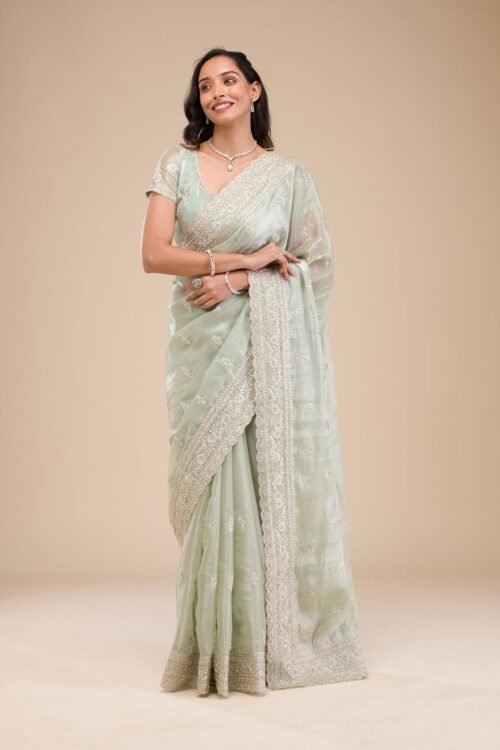 Elegant Pista Green Tissue Saree with Exquisite Zari Work