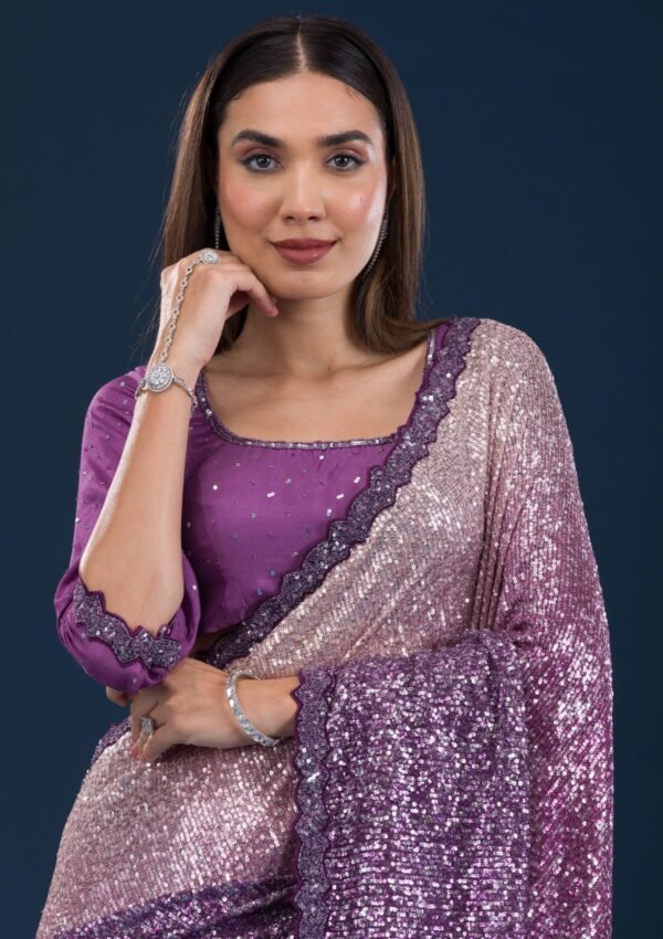 Gorgeous Purple Georgette Saree Adorned with Sparkling Sequins - Image 6