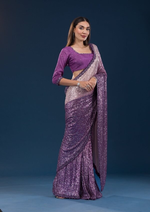 Gorgeous Purple Georgette Saree Adorned with Sparkling Sequins - Image 3