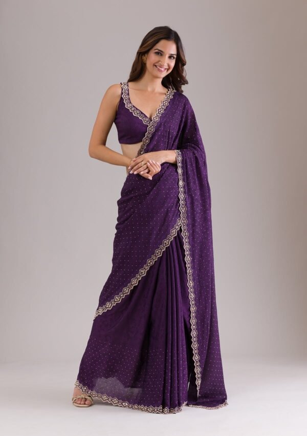 Elegant Purple Semi-Crepe Saree with Stunning Stonework - Image 6