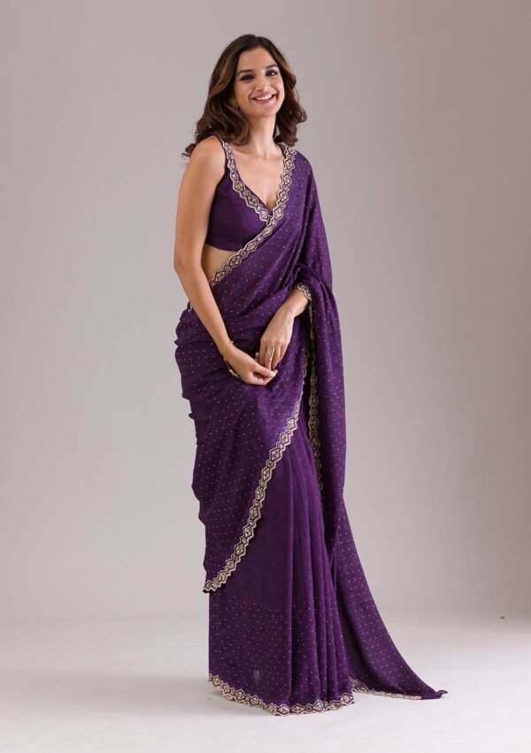Elegant Purple Semi-Crepe Saree with Stunning Stonework - Image 5