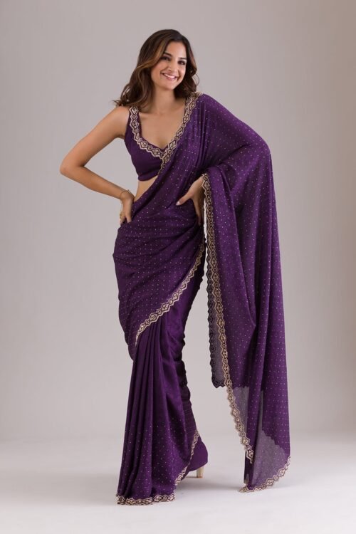 Elegant Purple Stonework Semi Crepe Saree