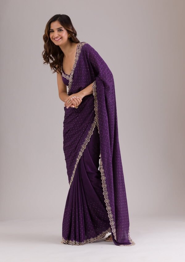 Elegant Purple Semi-Crepe Saree with Stunning Stonework - Image 4