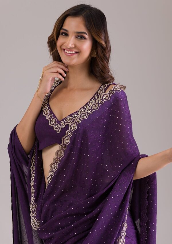 Elegant Purple Semi-Crepe Saree with Stunning Stonework - Image 7