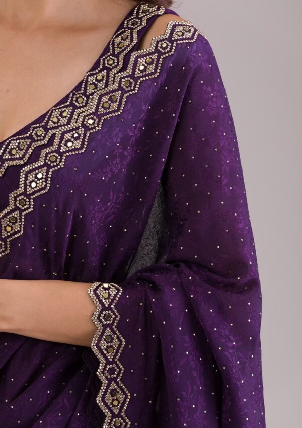 Elegant Purple Semi-Crepe Saree with Stunning Stonework - Image 2