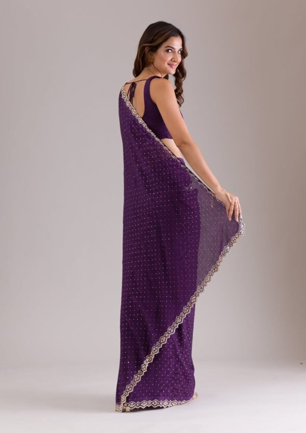 Elegant Purple Semi-Crepe Saree with Stunning Stonework - Image 3