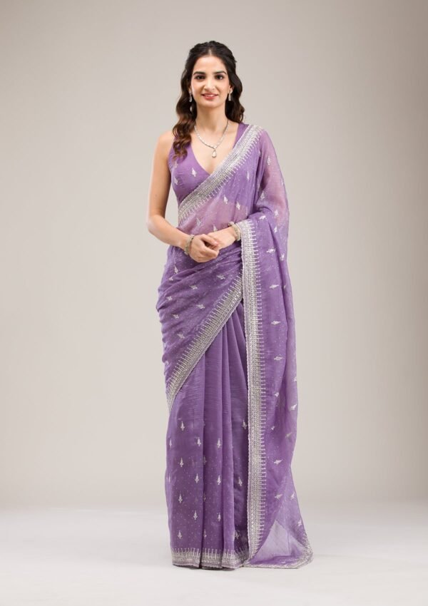 Exquisite Purple Tissue Saree with Zariwork Embellishments - Image 3