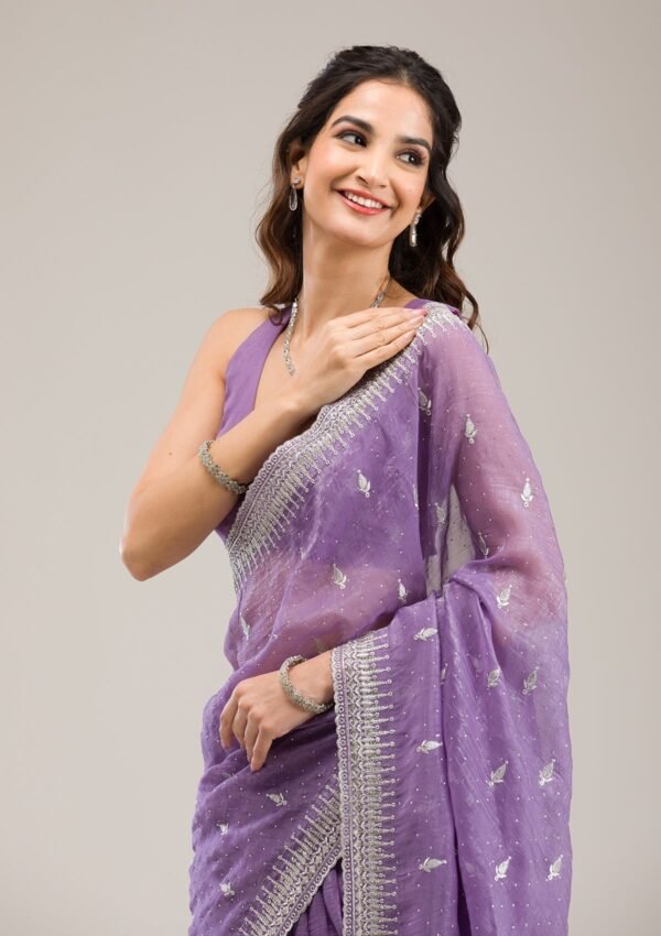 Exquisite Purple Tissue Saree with Zariwork Embellishments - Image 6